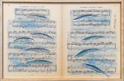 ANCHOVIES PAINTED ON ANCIENT MUSICAL SCORE