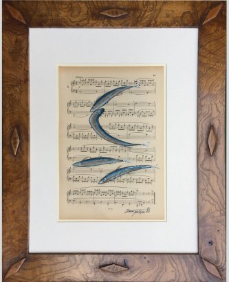 ANCHOVIES PAINTED ON MUSICAL SCORE BRIARWOOD FRAME
