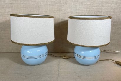 PAIR OF LAMPS WITH LIGHT BLUE CERAMIC BASE