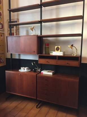 WOODEN BOOKCASE WITH TUBULAR IRON UPRIGHTS