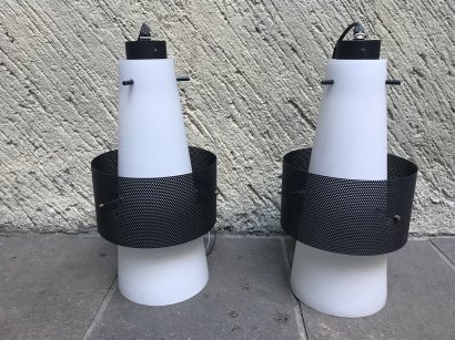 PAIR OF GLASS PENDANT LAMPS